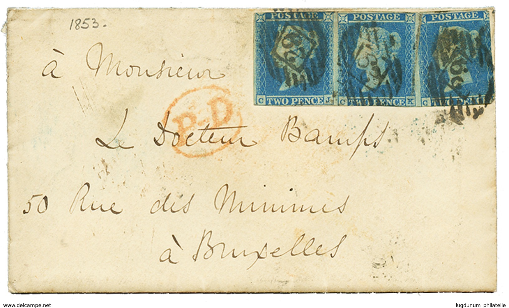 1022 1853 GREAT BRITAIN 2d Blue Strip Of 3(fault) Canc. 29 On Envelope With Full Text To BRUXELLES (BELGIUM). Scarce Fra - Sonstige & Ohne Zuordnung