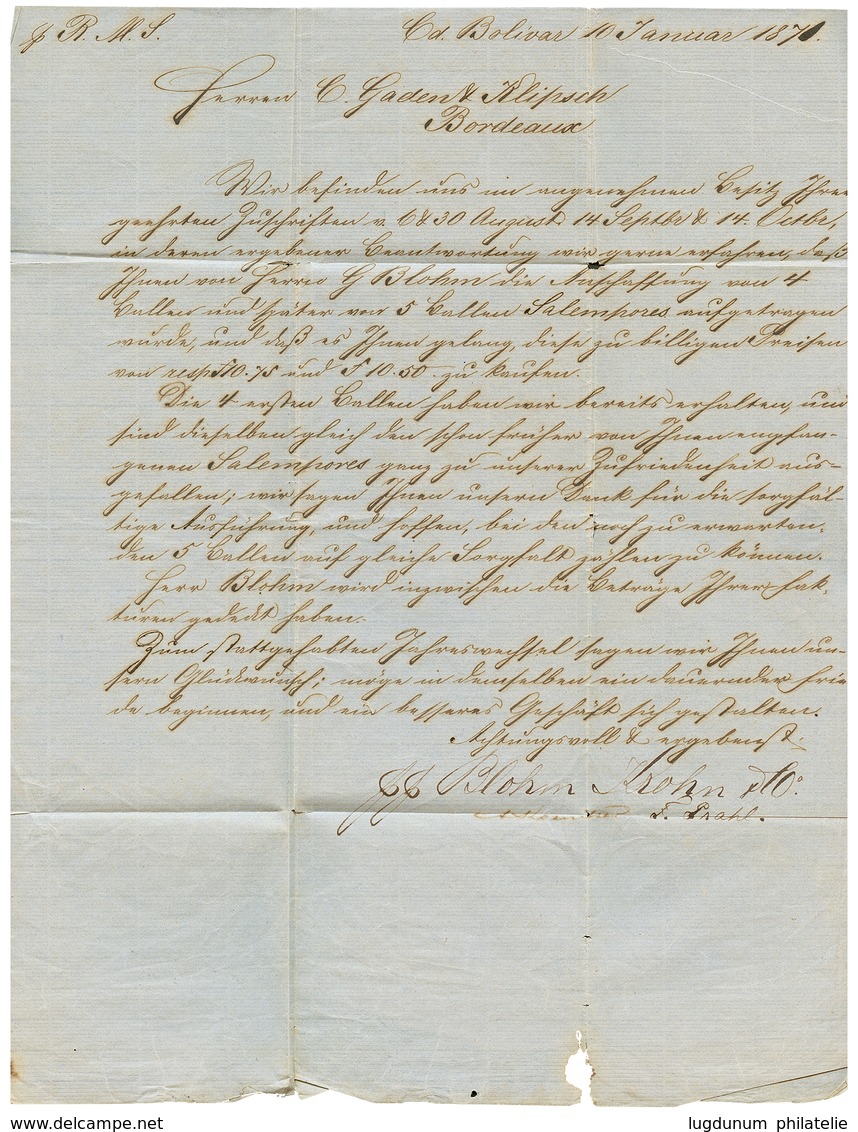 1024 British P.O - VENEZUELA : 1871 CIUDAD BOLIVAR PAID In Red + "8d" Tax Marking On Entire Letter To FRANCE. Vf. - Autres & Non Classés