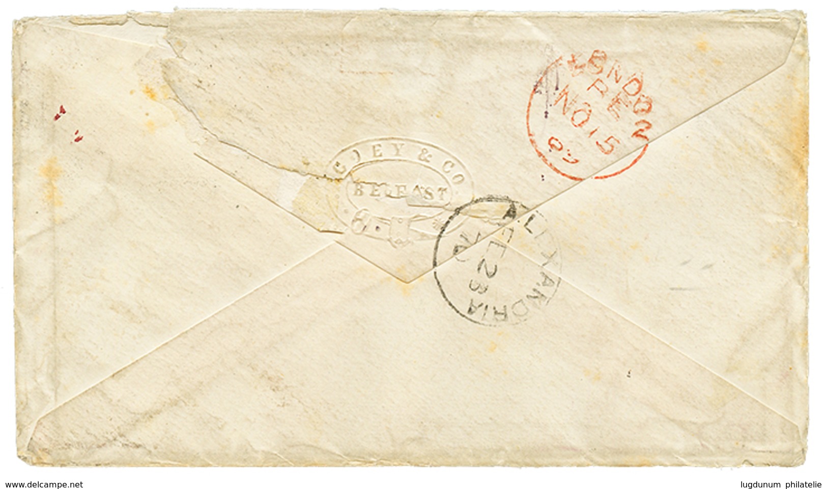 1025 IRELAND : 1869 6d(fault) + BELFAST+ ALEXANDRIA + Boxed UNCLAIMED On Envelope To ALEXANDRIA EGYPT. Scarce. F/Vf. - Sonstige & Ohne Zuordnung