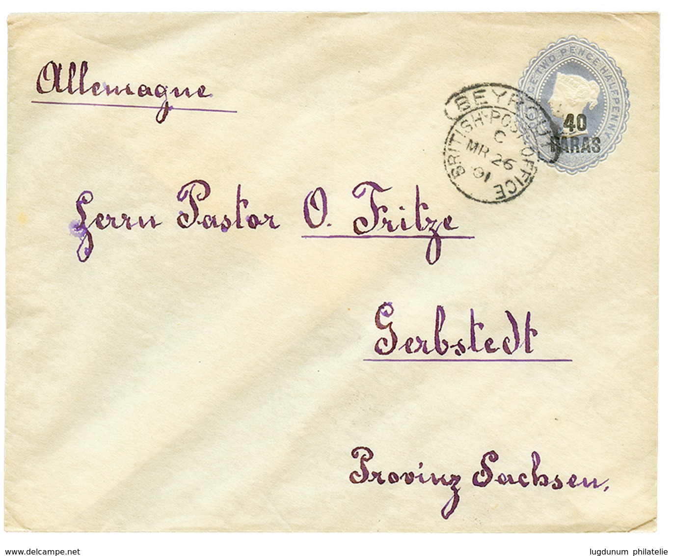 1027 BRITISH P.O BEYROUTH : 1901 P./Stationery 40p On 2 1/2d Canc. BEYROUT To GERMANY. Superb. - Sonstige & Ohne Zuordnung