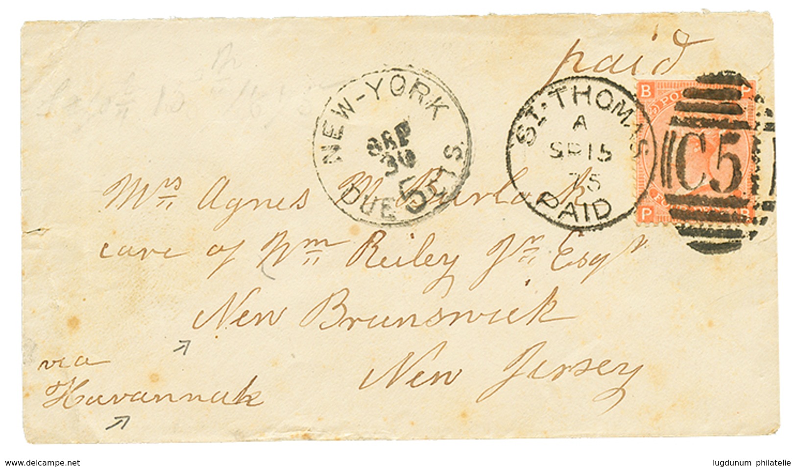 1031 DANISH WEST INDIES : 1875 GB 4d Canc. C51 + ST THOMAS On Cover Via NEW BRUNSWICK To NEW JERSEY. Vvf. - Sonstige & Ohne Zuordnung