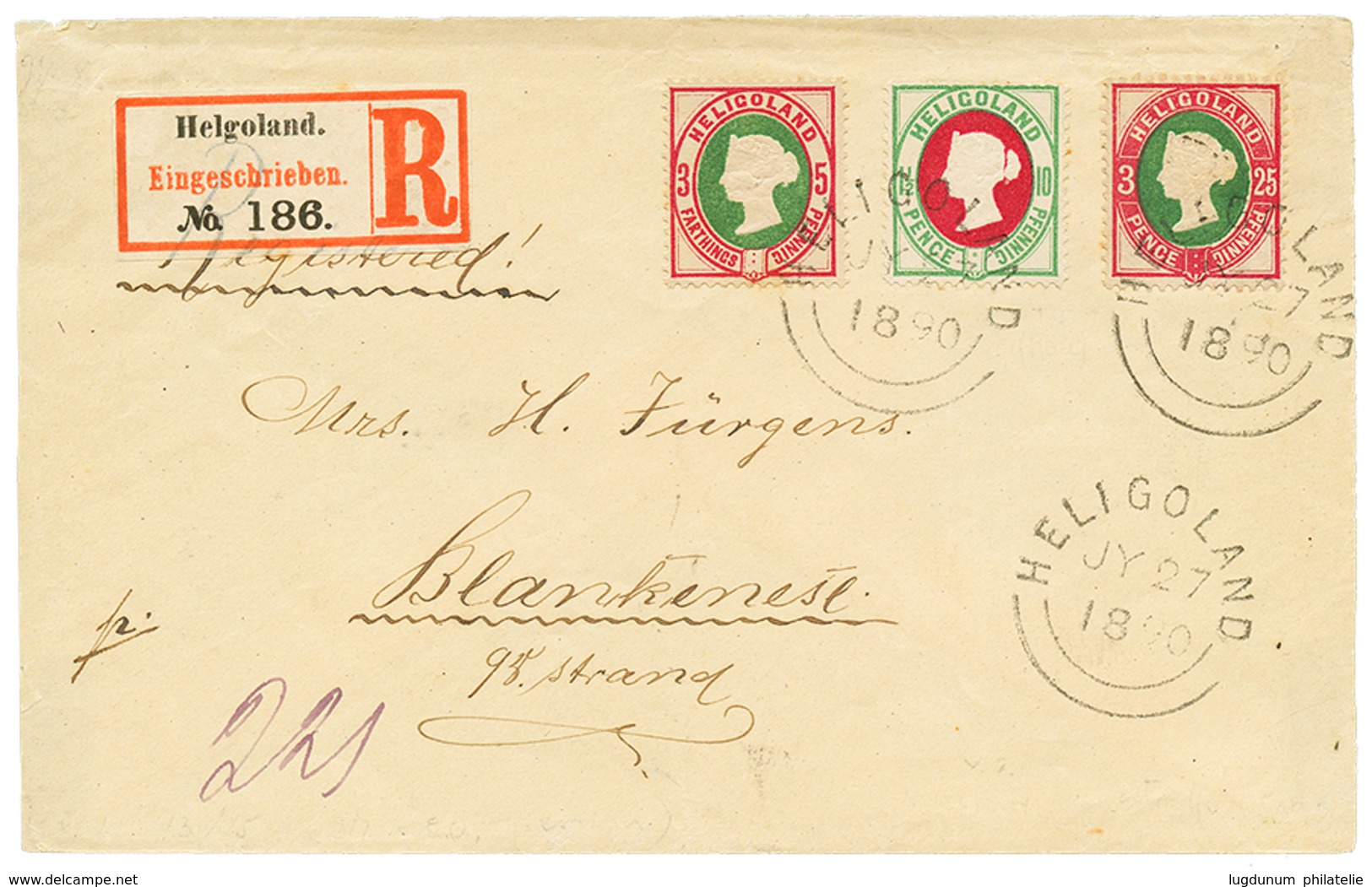 1038 HELIHGOLAND : 1890 5pf+ 10pf+ 25pf Canc. HELIGOLAND On REGISTERED Cover To GERMANY. Signed SCHULTZ. Vvf. - Andere & Zonder Classificatie