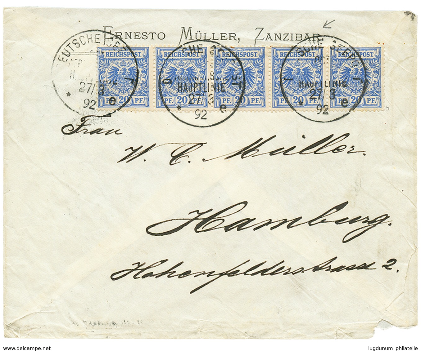 1041 ZANZIBAR : 1892 GERMANY 20pf Strip Of 5 Canc. DEUTSCHE SEEPOST On Envelope(fault) From ZANZIBAR To HAMBURG. Verso,  - Other & Unclassified