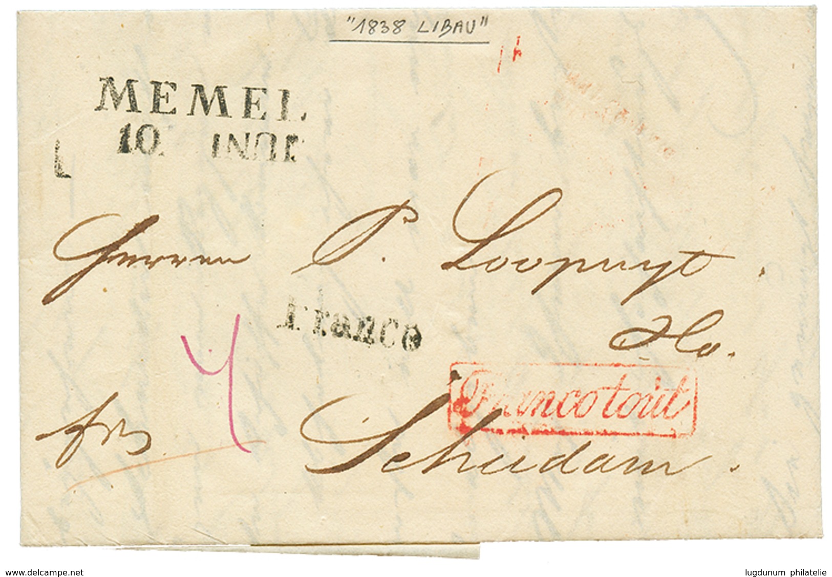 1042 1838 MEMEL + Boxed FRANCOTOUT In Red On Entire Letter From LIBAU (RUSSIA) To HOLLAND. Vf - Other & Unclassified