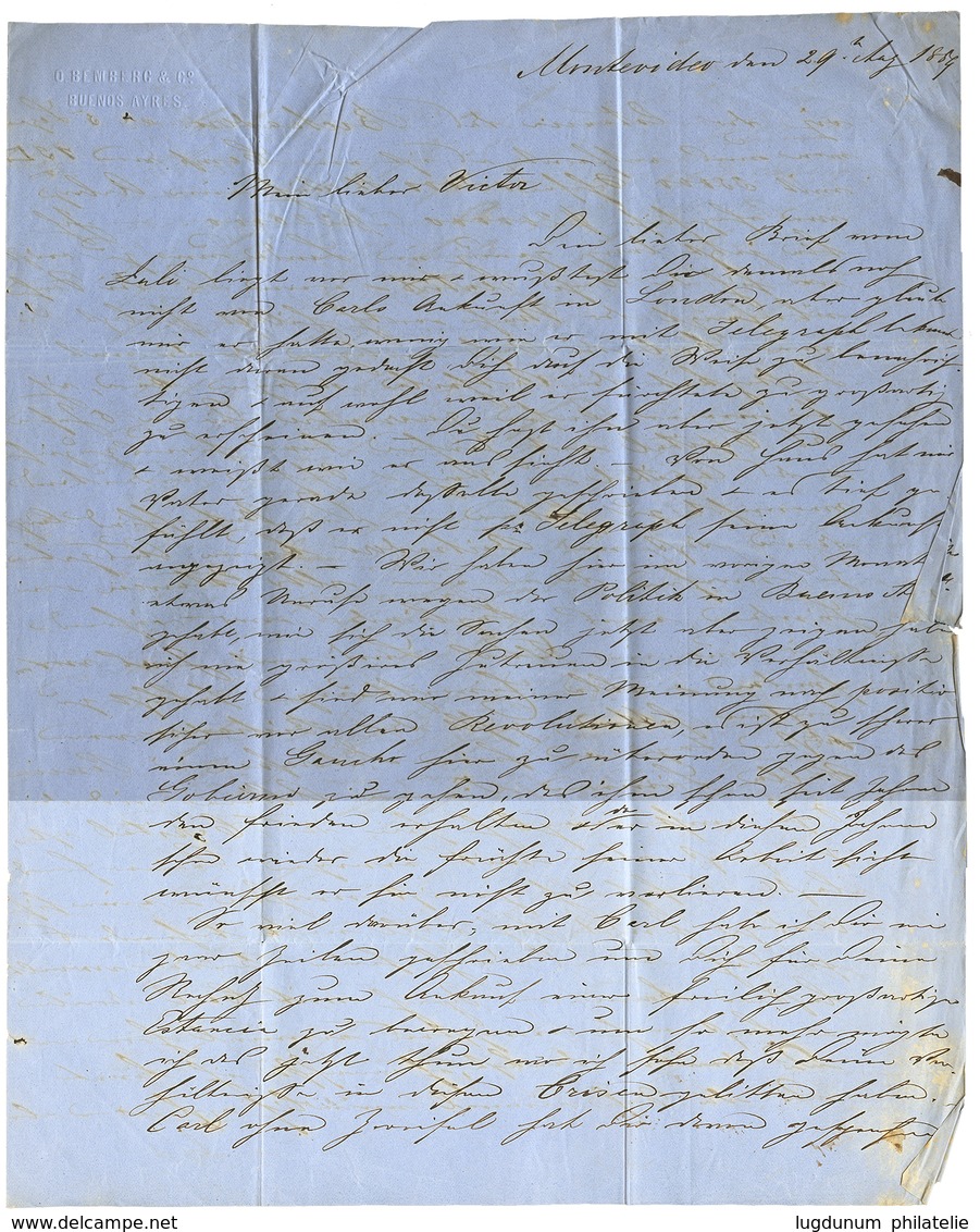 1043 1859 SEEBRIEF PER ENGLAND UND AACHEN In Red (rare On Front) +Tax Marking On Entire Letter From MONTEVIDEO To PRUSSI - Autres & Non Classés