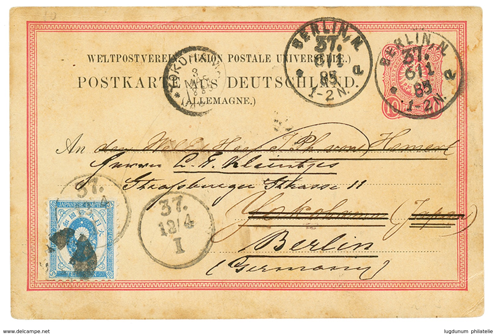 1045 1885 GERMANY P./Stat 10pf Canc. BERLIN To YOKOHAMA Redirected With JAPAN 10s Blue. Scarce. Vvf. - Sonstige & Ohne Zuordnung