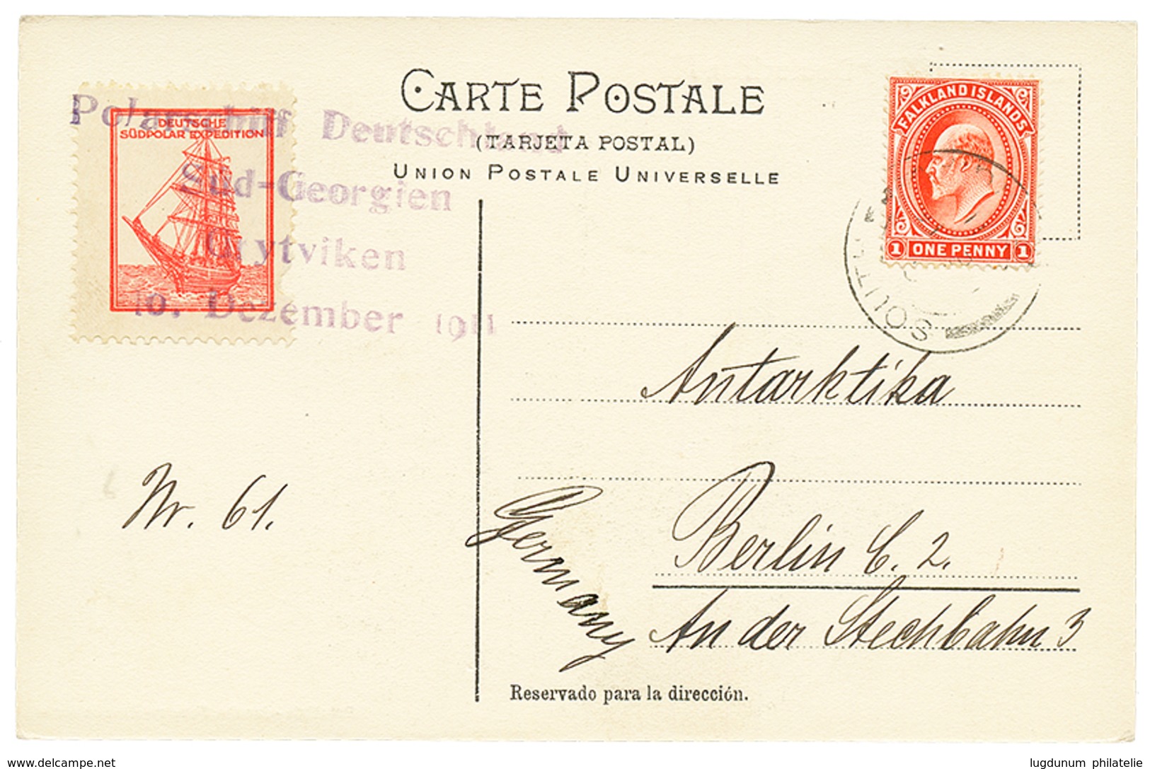 1046 POLAR EXPEDITION : 1911 FALKLAND ISLANDS 1d Canc. SOUTH GEORGIA + Red Expedition Label DEUTSCHE SÜDPOLAR EXPEDITION - Autres & Non Classés