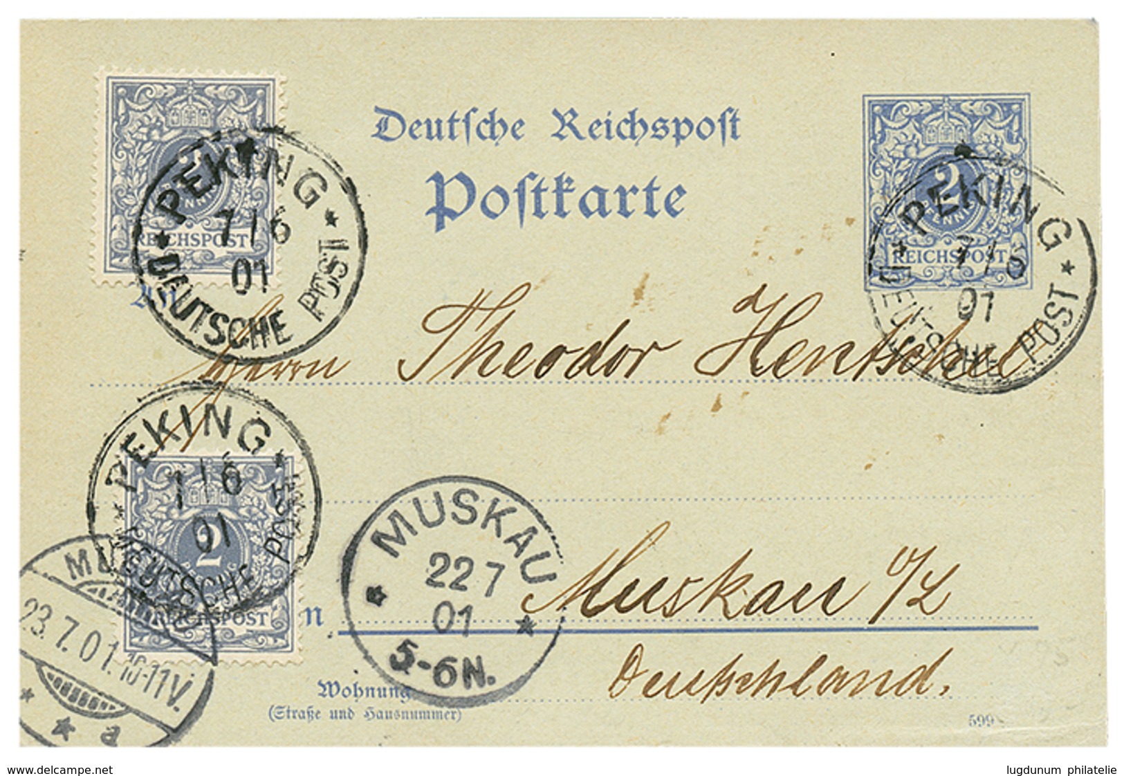 1049 1901 GERMANY P./Stat 2pf + GERMANY 2pf(x2) Canc. PEKING To MUSKAU. Rare. Superb. - Deutsche Post In China