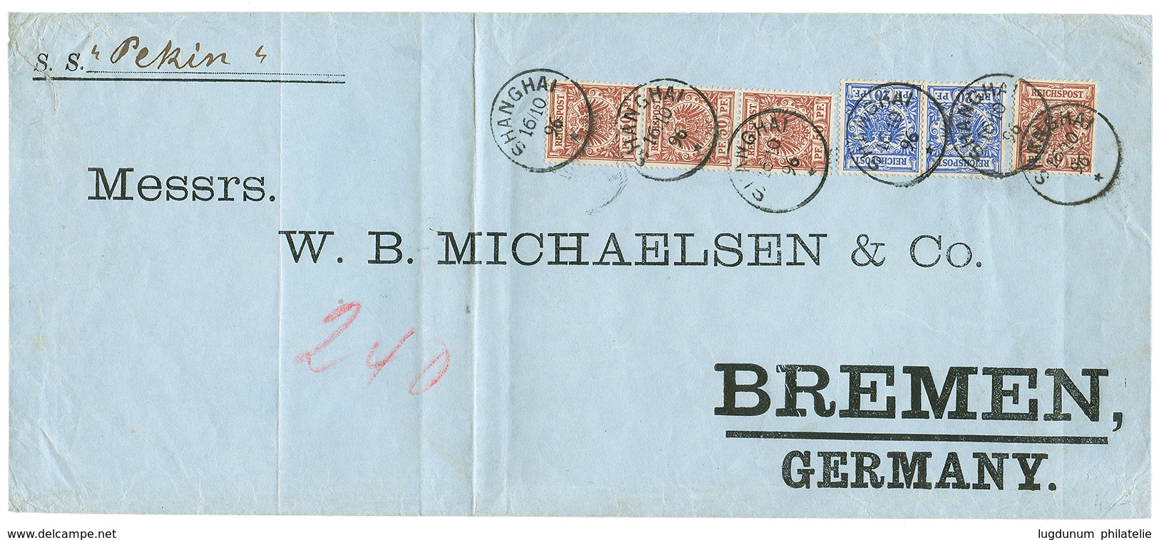 1050 VORLAUFER : 1896 20pf(x2) + 50pf(x4) Canc. SHANGHAI On Large Envelope(central Crease) To BREMEN. Signed MANSFELD. V - Chine (bureaux)