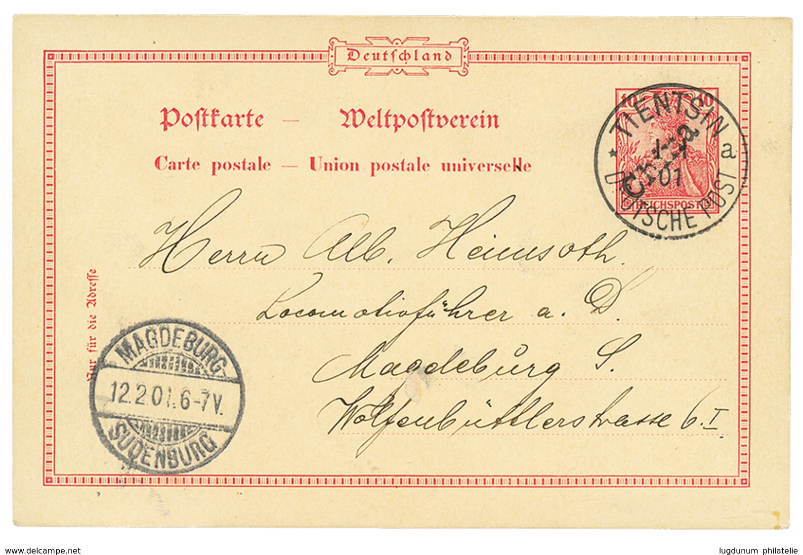 1053 1901 P./Stat. GERMANI 10pf Overprint CHINA (Michel P9) Canc. TIENTSIN To GERMANY. RARE. JÄSCHKE-LANTELME Certificat - Chine (bureaux)