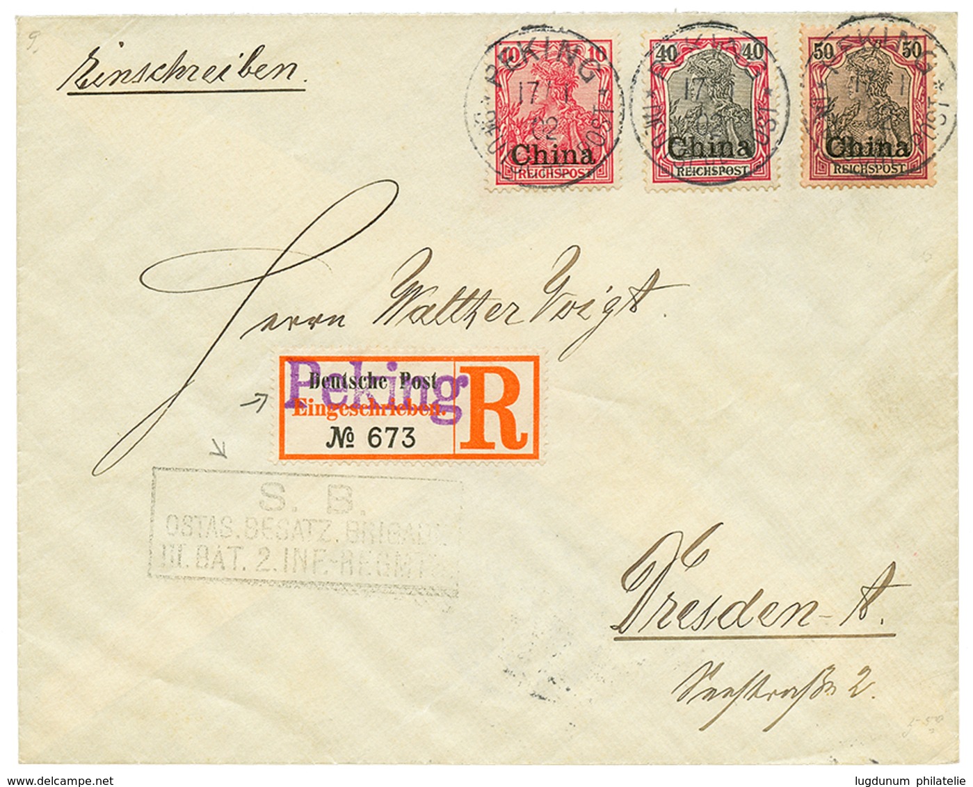 1056 1902 10pf + 40pf + 50pf Canc. PEKING + Boxed OSTAS.BESATZ. BRIGADE On REGISTERED Cover To GERMANY. Vvf. - China (offices)