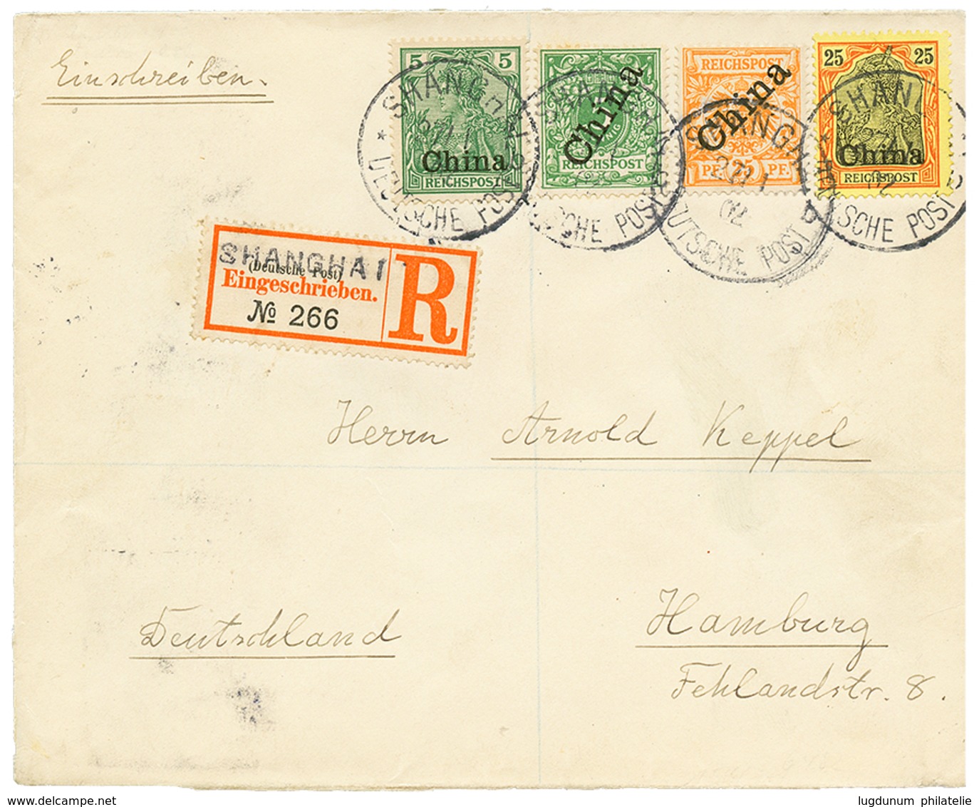 1057 1902 25pf(n°5I) + 25pf(n°19) + 5pf(n°2II) + 5pf(n°16) Canc. SHANGHAI On REGISTERED Envelope To HAMBURG. Rare Mixed  - Deutsche Post In China