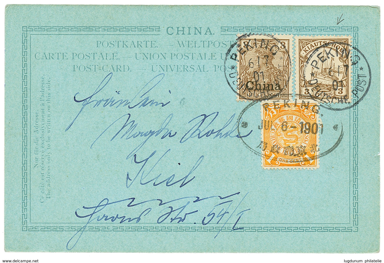 1060 Used Of KIAUTSCHOU Stamps In CHINA" : 1901 GERMAN CHINA 3pf(n°15) + KIAUTSCHOU 3pf(PVIa) Canc. PEKING DEUTSCHE POST - China (offices)