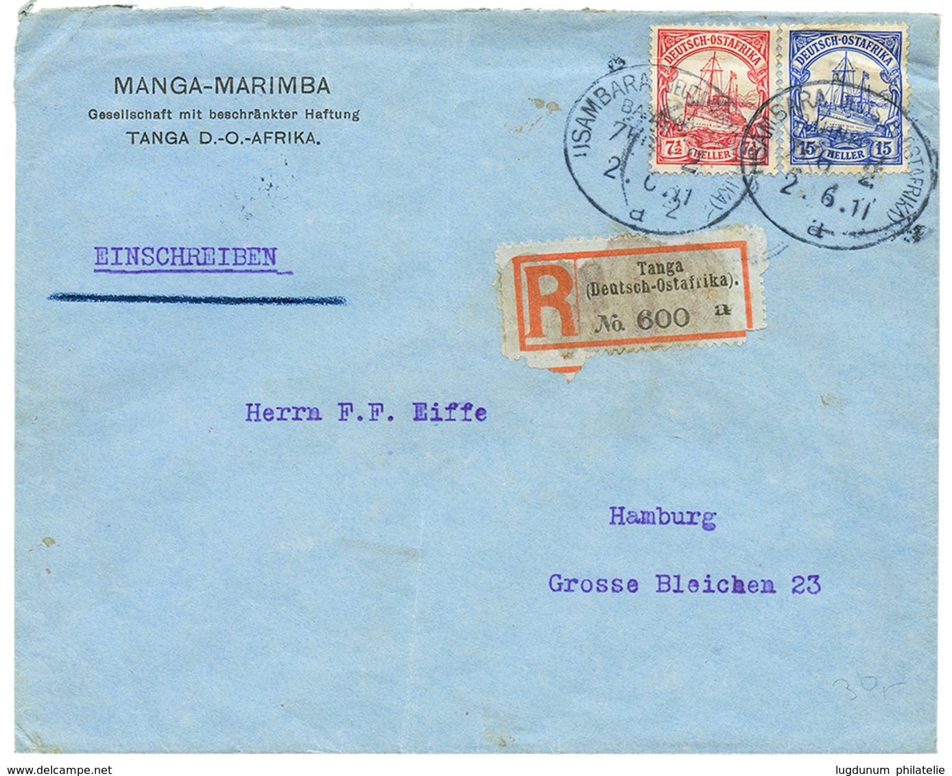 1068 RAILWAYS : 1911 7 1/2h + 15h Canc. USAMBARA / BAHNHOF/ ZUG 2 On REGISTERED Envelope (REGISTERED Label TANGA) To HAM - China (offices)