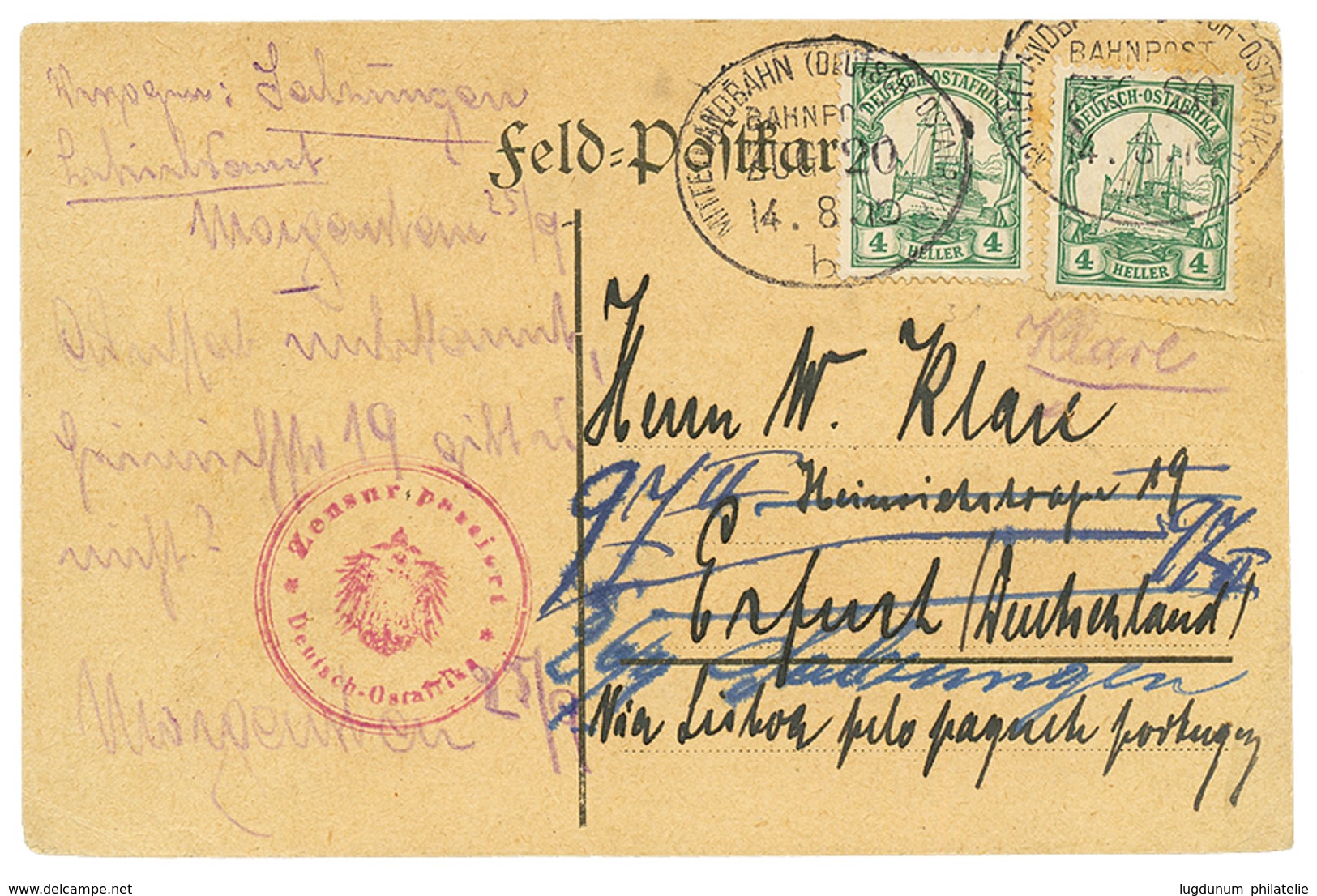 1072 DOA : 1910 4h(x2) Canc. MITTELLANDBAHN DEUTSCHE OSTAFRIKA/BAHNHOF/ZUG 20 + ZENSUR PASSIERT On FELDPOST Card From SA - Deutsche Post In China