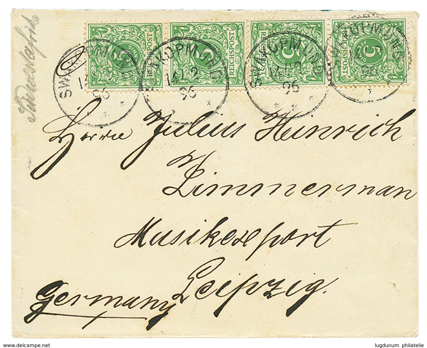 1075 VORLAUFER : 1896 GERMANY 5pf(V46c)x 5 Canc. SWAKOPMUND On Cover To GERMANY. JÄSCHKE-LANTELME Certificate(2018). Vvf - German South West Africa