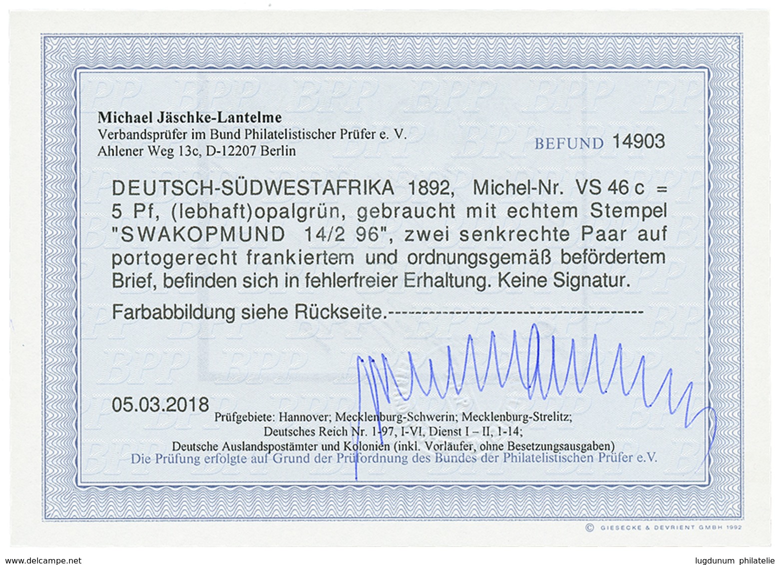 1075 VORLAUFER : 1896 GERMANY 5pf(V46c)x 5 Canc. SWAKOPMUND On Cover To GERMANY. JÄSCHKE-LANTELME Certificate(2018). Vvf - Deutsch-Südwestafrika