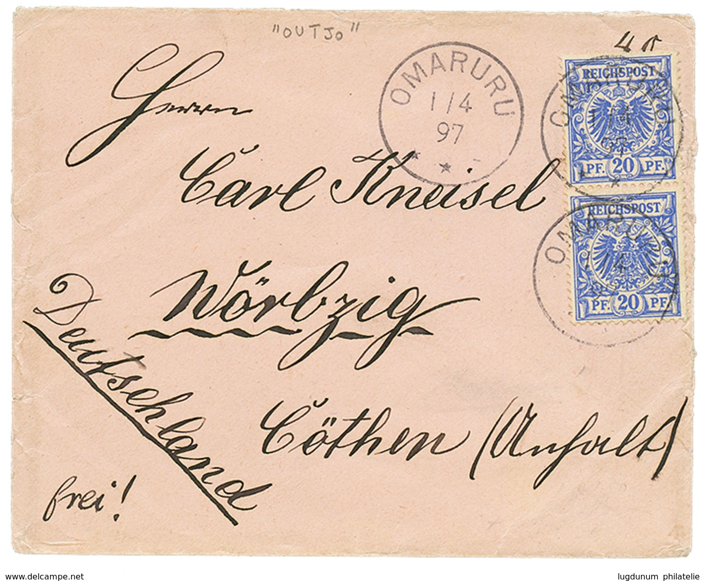 1076 "OUTJO Precursor" : 1897 VORLAUFER 20pf(x2) Canc. OMARURU On Envelope From OUTJO To GERMANY. The Post Office Of OUT - German South West Africa