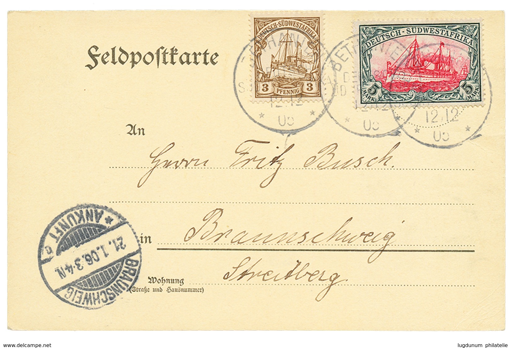 1078 DSWA :1905 5 MARK + 3pf Canc. BETHANIEN On "FELDPOSTKARTE" To BRAUNSCHWEIG. Rare. Vvf. - Sud-Ouest Africain Allemand