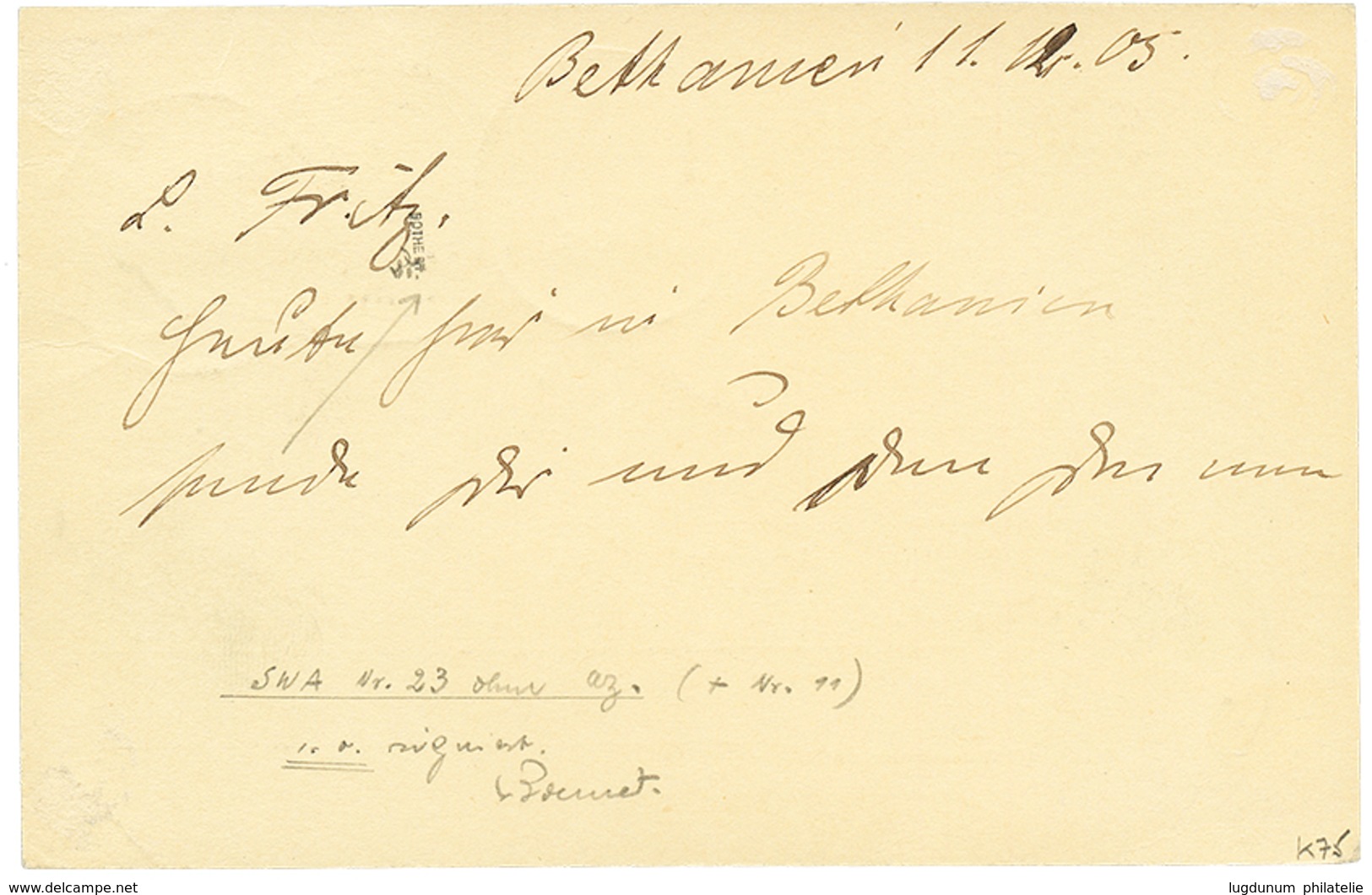 1078 DSWA :1905 5 MARK + 3pf Canc. BETHANIEN On "FELDPOSTKARTE" To BRAUNSCHWEIG. Rare. Vvf. - Sud-Ouest Africain Allemand