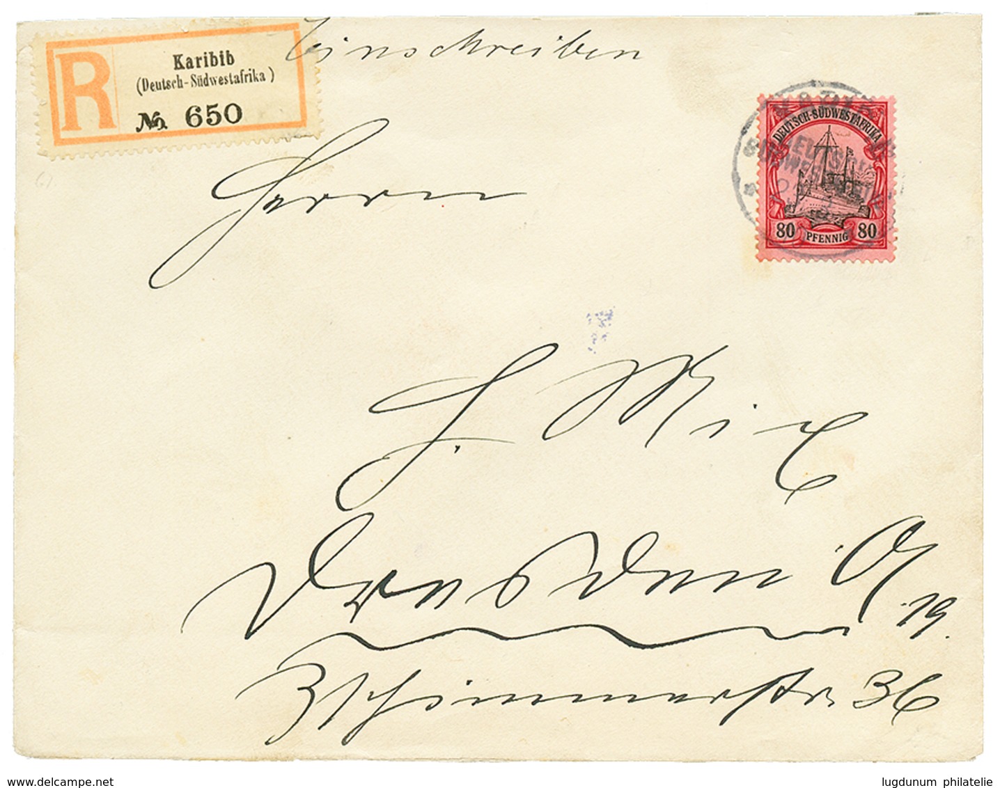 1079 1910 80pf Canc. KARIBIB On REGISTERED Envelope To GERMANY. Vf. - Sud-Ouest Africain Allemand