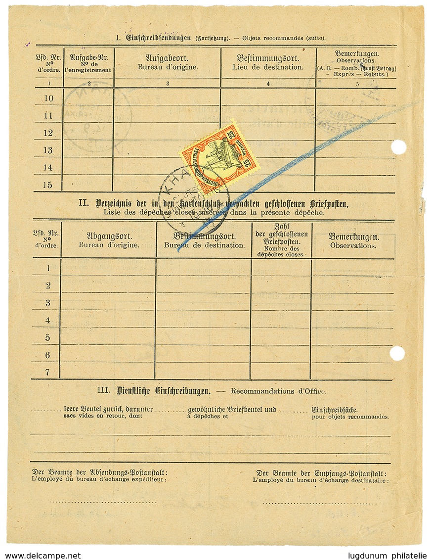 1080 DSWA : 1913 25pf Canc. KHAN On Reverse Of "FEUILLE D'AVIS" From SWAKOPMUND To KHAN. Vf. - Sud-Ouest Africain Allemand