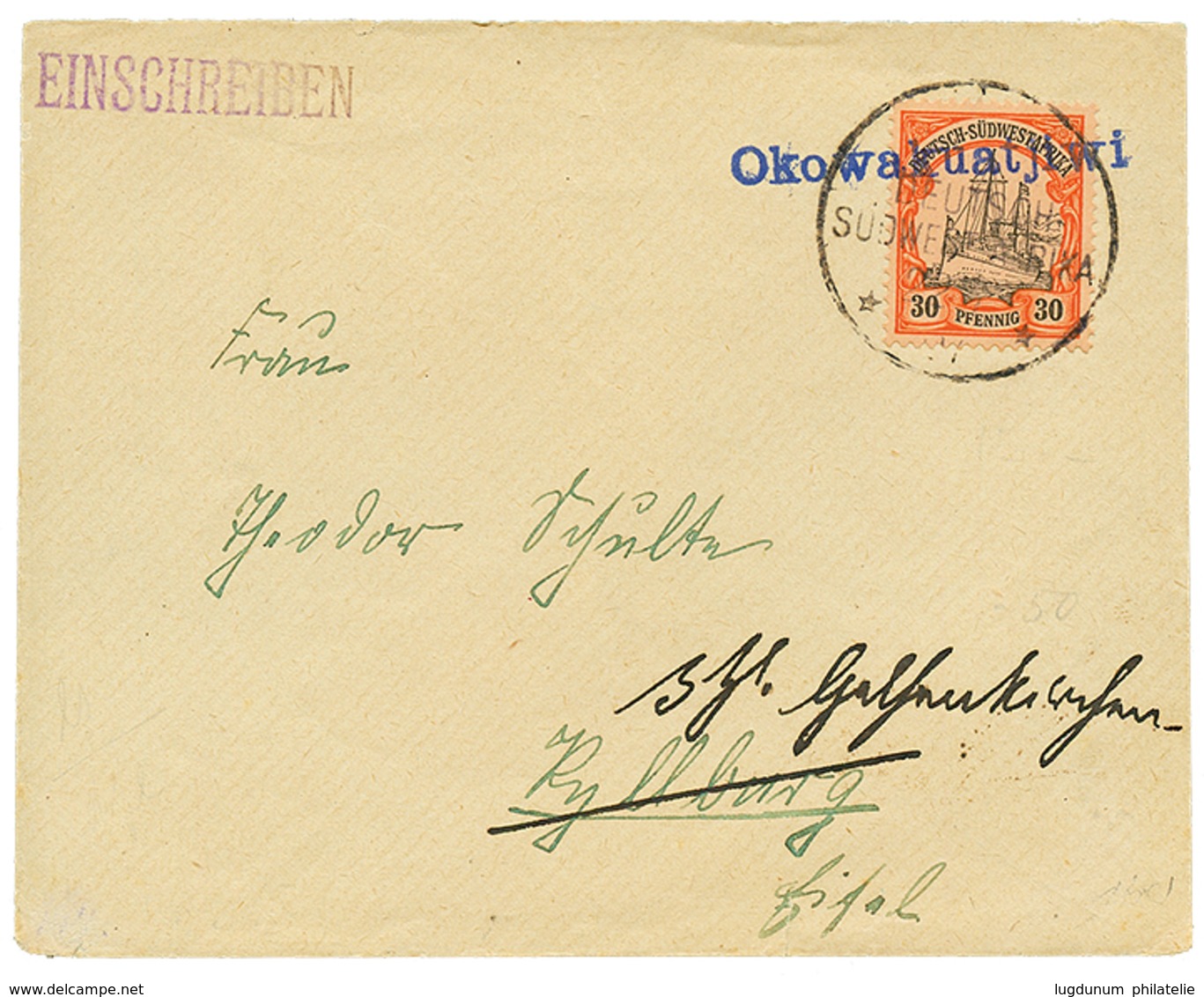 1081 30pf Canc. Blue OKOWAKUATJIWI On REGISTERED Envelope To GERMANY. Superb. - Deutsch-Südwestafrika