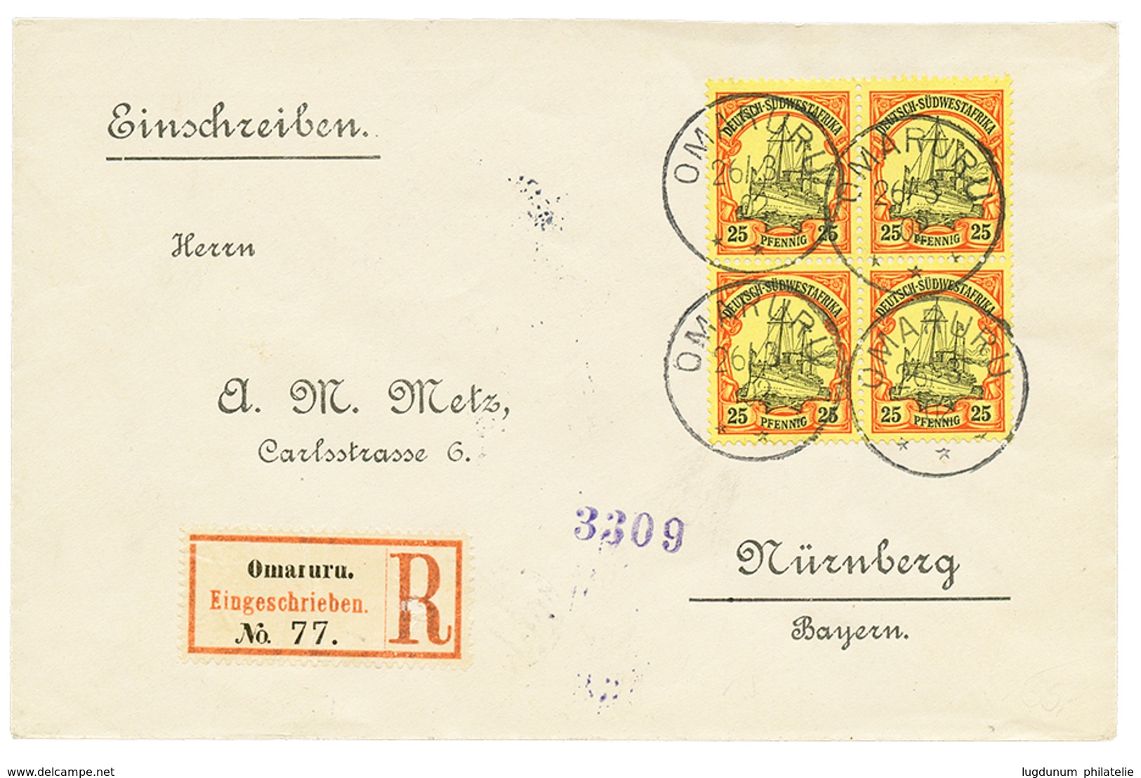 1082 1902 25pf Block Of 4 Canc. OMARURU On REGISTERED Envelope To GERMANY. Superb. - German South West Africa