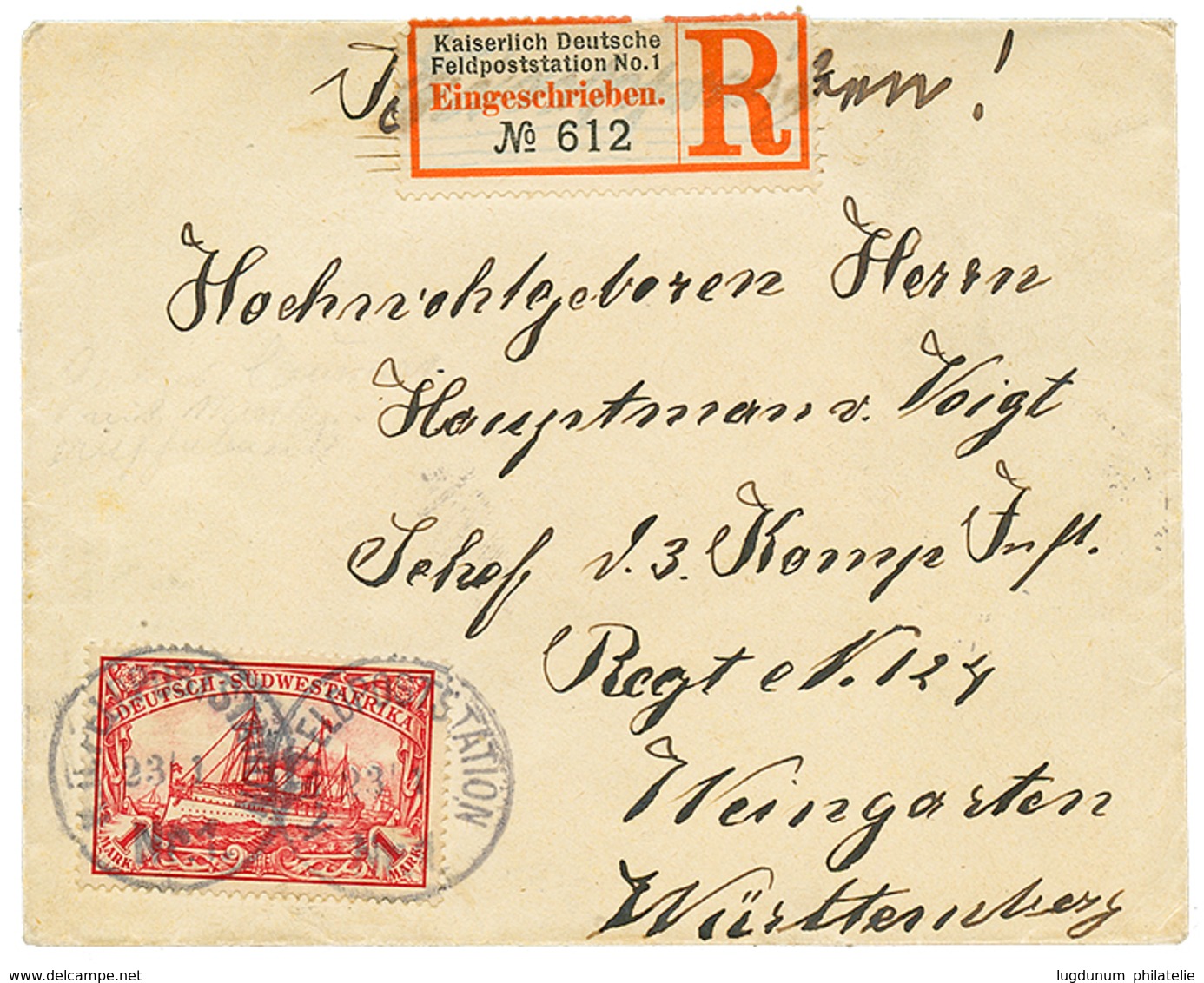 1085 1906 1 MARK Canc. FELDPOSTSTATION N°1 On REGISTERED Envelope To GERMANY. Vvf. - Deutsch-Südwestafrika