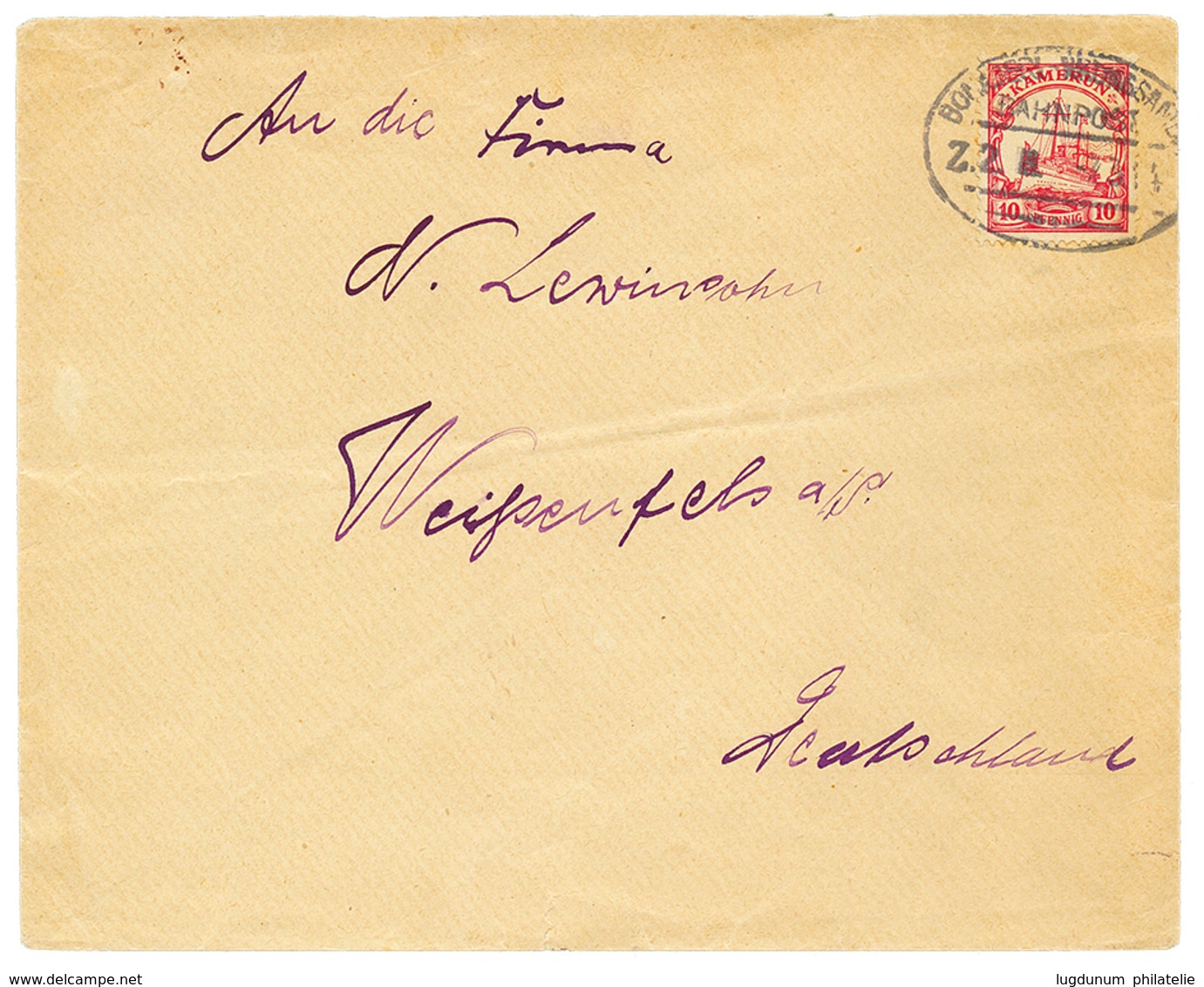 1092 1914 10pf Canc. BONABERI-NKONSAMBA/BAHNPOST/Z.2 On Envelope To GERMANY. Signed EIBENSTEIN. Vf. - Kamerun