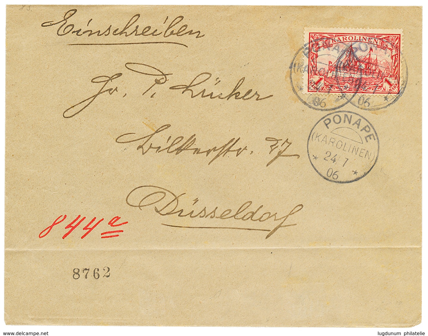 1097 1906 1 MARK Canc. PONAPE KAROLINEN On REGISTERED Envelope To GERMANY. Vvf. - Caroline Islands