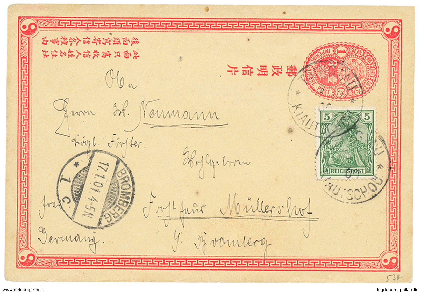 1098 1900 CHINA P./Stat 1c + GERMANY 5pf Germania(MITLAUFER) Canc. TSINGTAU KIAUTSCHOU To GERMANY. RARE. Vvf. - Kiauchau