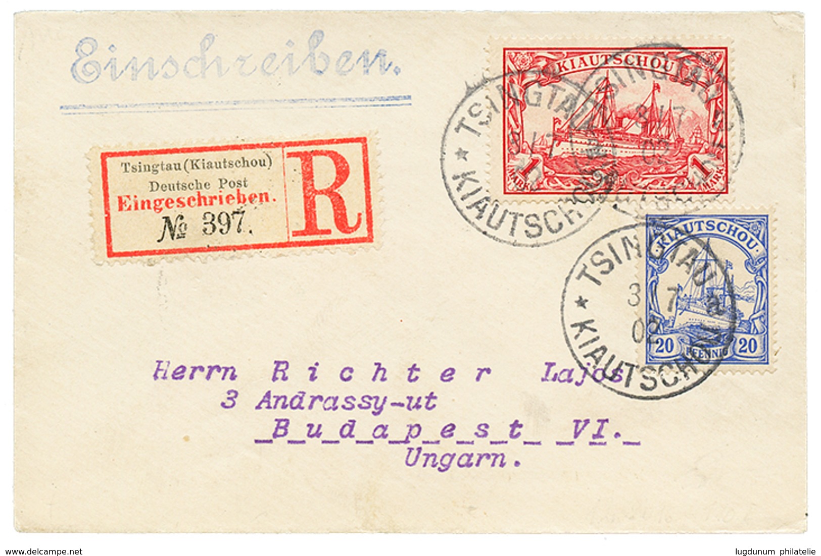 1101 1902 1 MARK + 20pf Canc. TSINGTAU KIAUTSCHOU On REGISTERED Envelope To HUNGARY. Superb. - Kiautschou