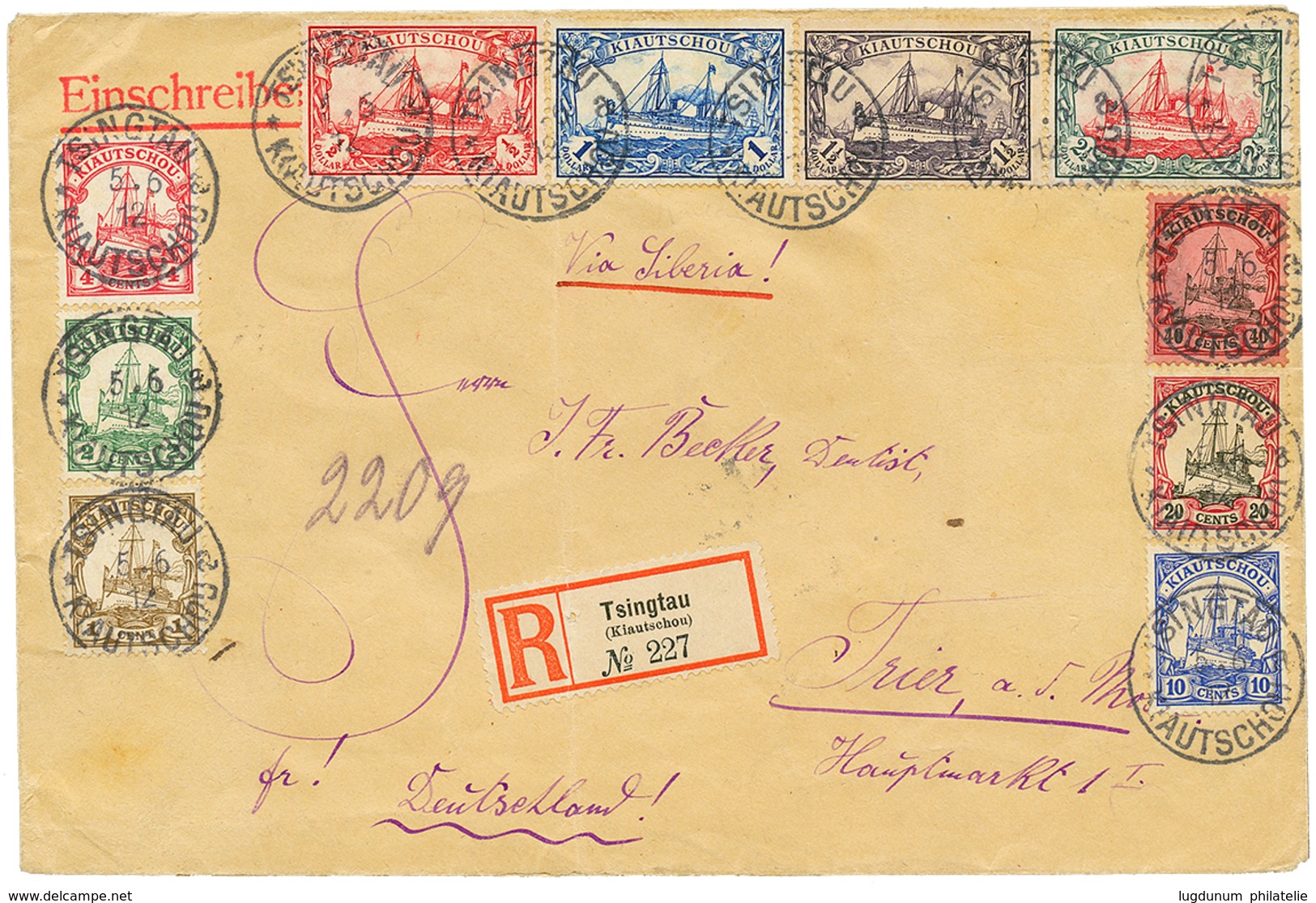 1102 1912 1c To 2 1/2 DOLLAR (N° 28 To 37) Canc. TSINGTAU On REGISTERED Envelope (light Crease) To GERMANY. JÄSCHKE-LANT - Kiautchou