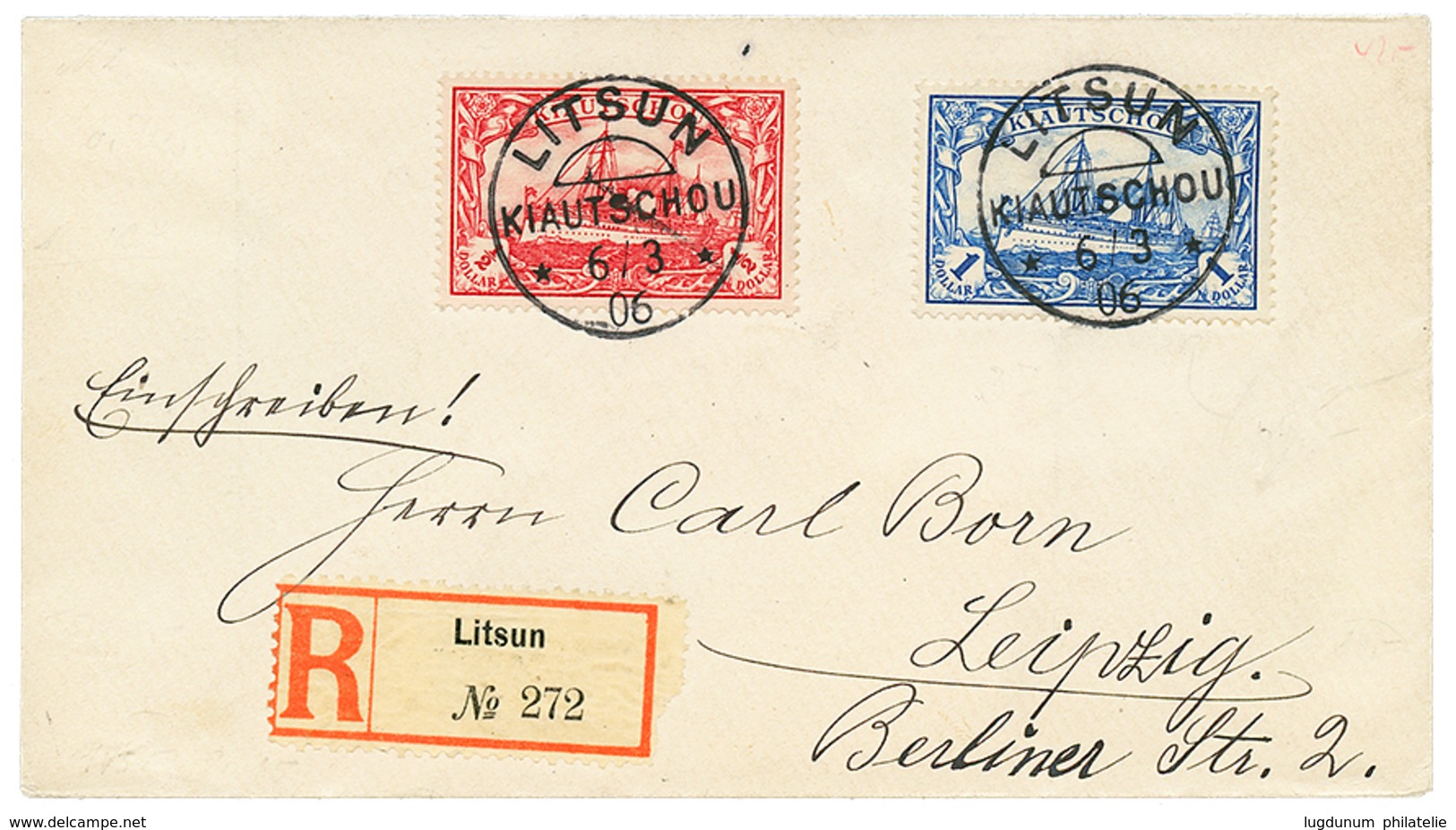 1105 "LITSUN" : 1906 1/2 DOLLAR + 1 DOLLAR Canc. LITSUN KIAUTSCHOU On REGISTERED Cover To GERMANY. Superb. - Kiautchou