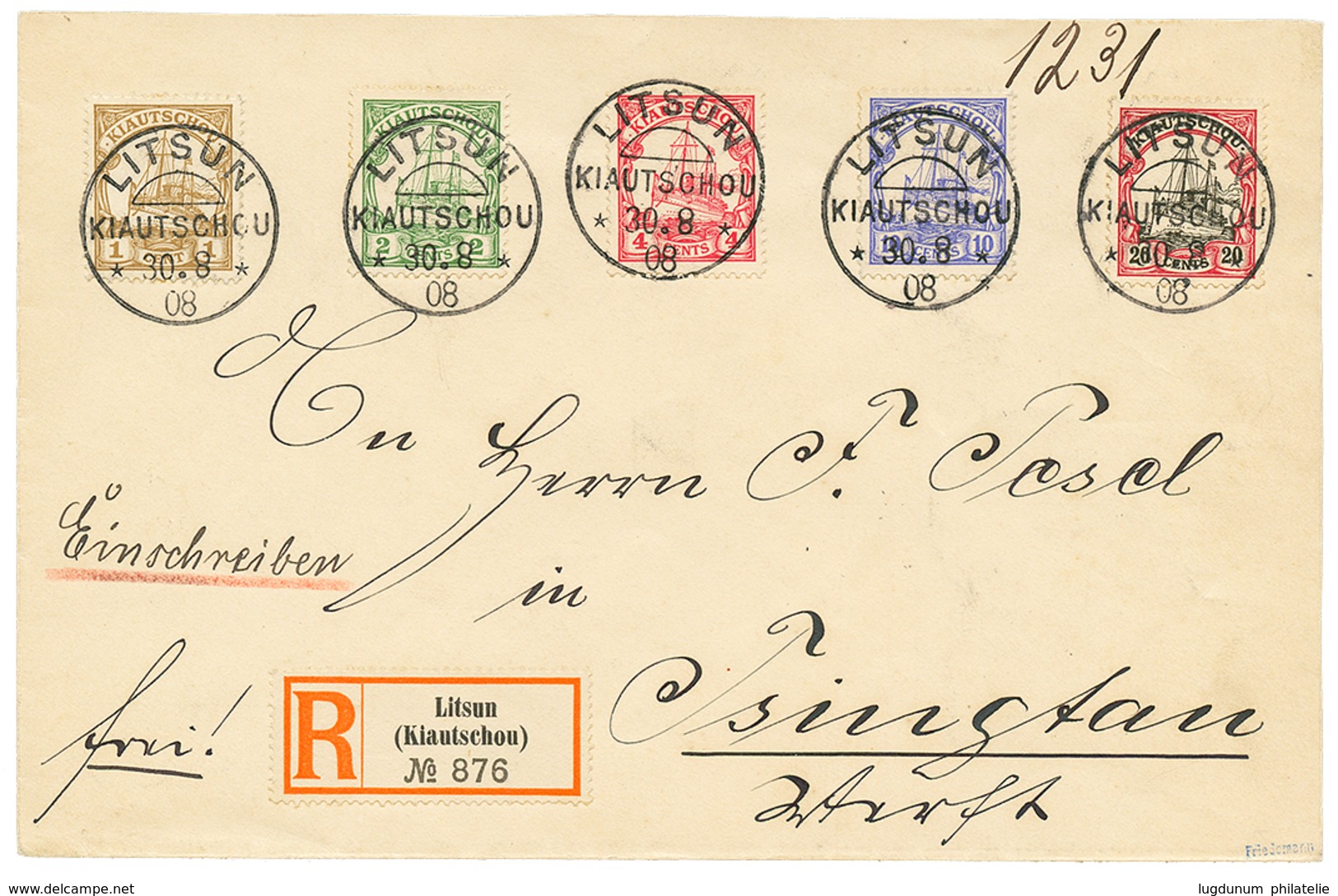 1106 "LITSUN" : 1908 1c+ 2c+ 4c+ 10c+ 20c Canc. LITSUN KIAUTSCHOU On REGISTERED Envelope To TSINGTAU. Vvf. - Kiautschou
