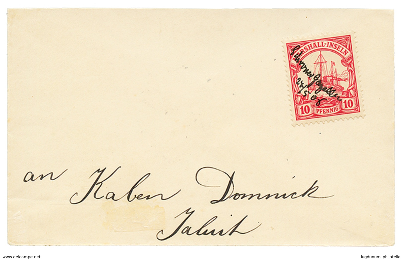 1108 MARITIME POST : 1908 10pf Pen Cancel "SCHONER ...." On Envelope To JALUIT. Scarce. Superb. - Marshall-Inseln