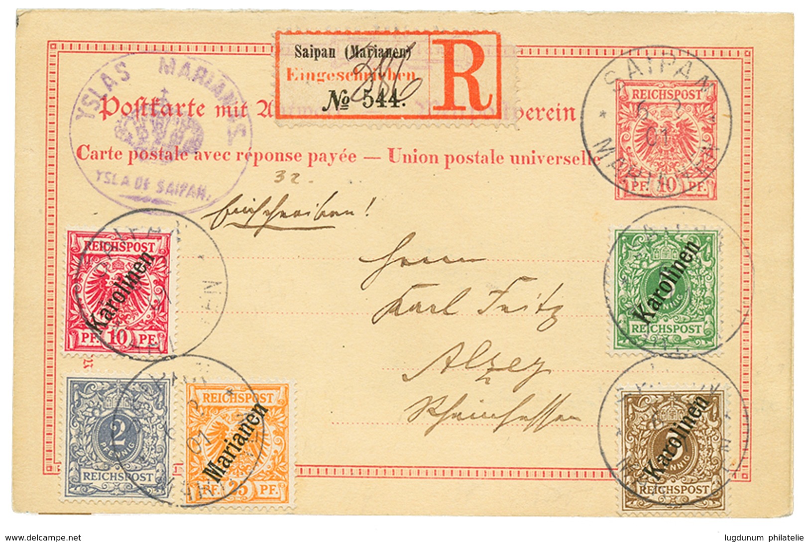1110 1901 P./Stat GERMANY 10pf (+ Reply Unused) + MITLAUFER 2pf + KAROLINEN 3pf+ 5pf+ MARIANEN 10pf+ 25pf Canc. SAIPAN,  - Mariana Islands