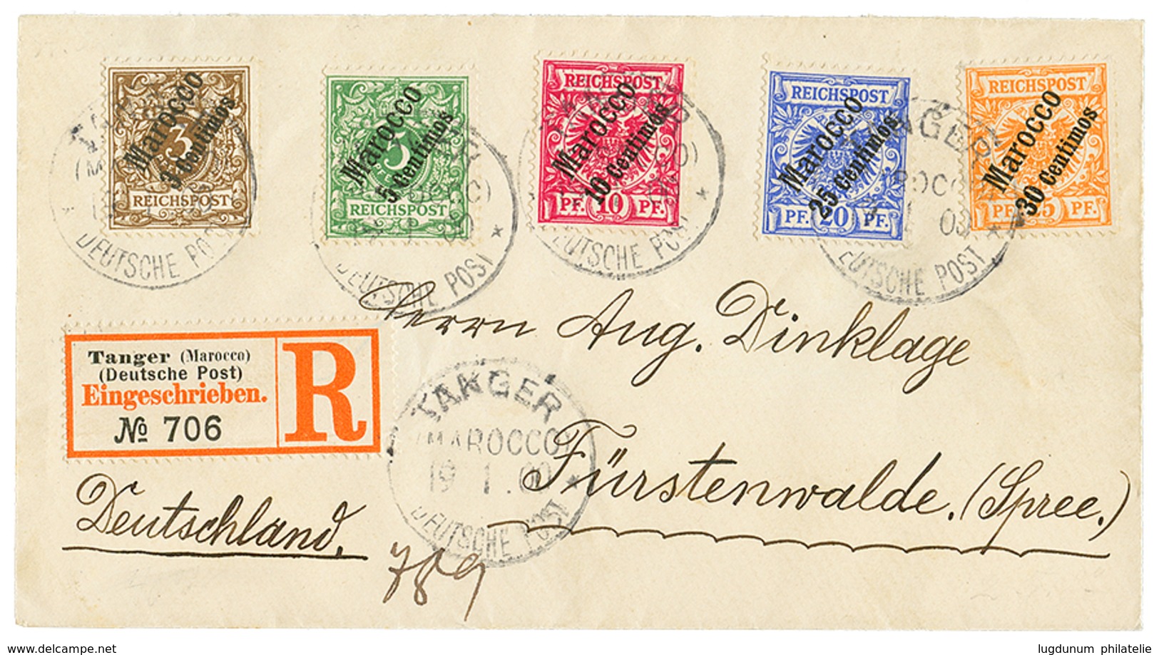 1113 1900 N°1 + N°2+ N°3d (scarce)+ N°4 + N°5b (scarce) Canc. TANGER On REGISTERED Envelope To GERMANY. Signed STEUER +  - Morocco (offices)