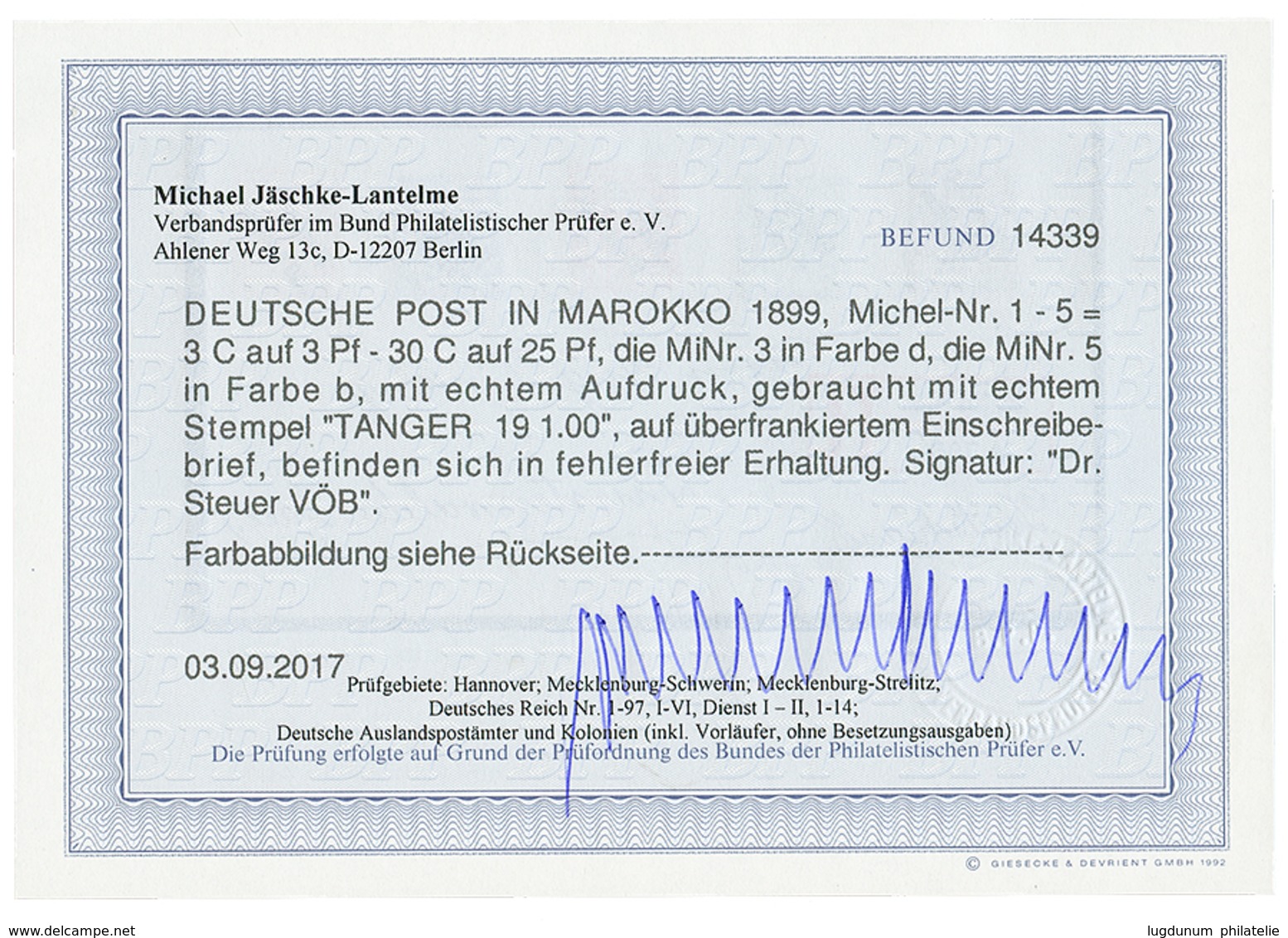 1113 1900 N°1 + N°2+ N°3d (scarce)+ N°4 + N°5b (scarce) Canc. TANGER On REGISTERED Envelope To GERMANY. Signed STEUER +  - Maroc (bureaux)