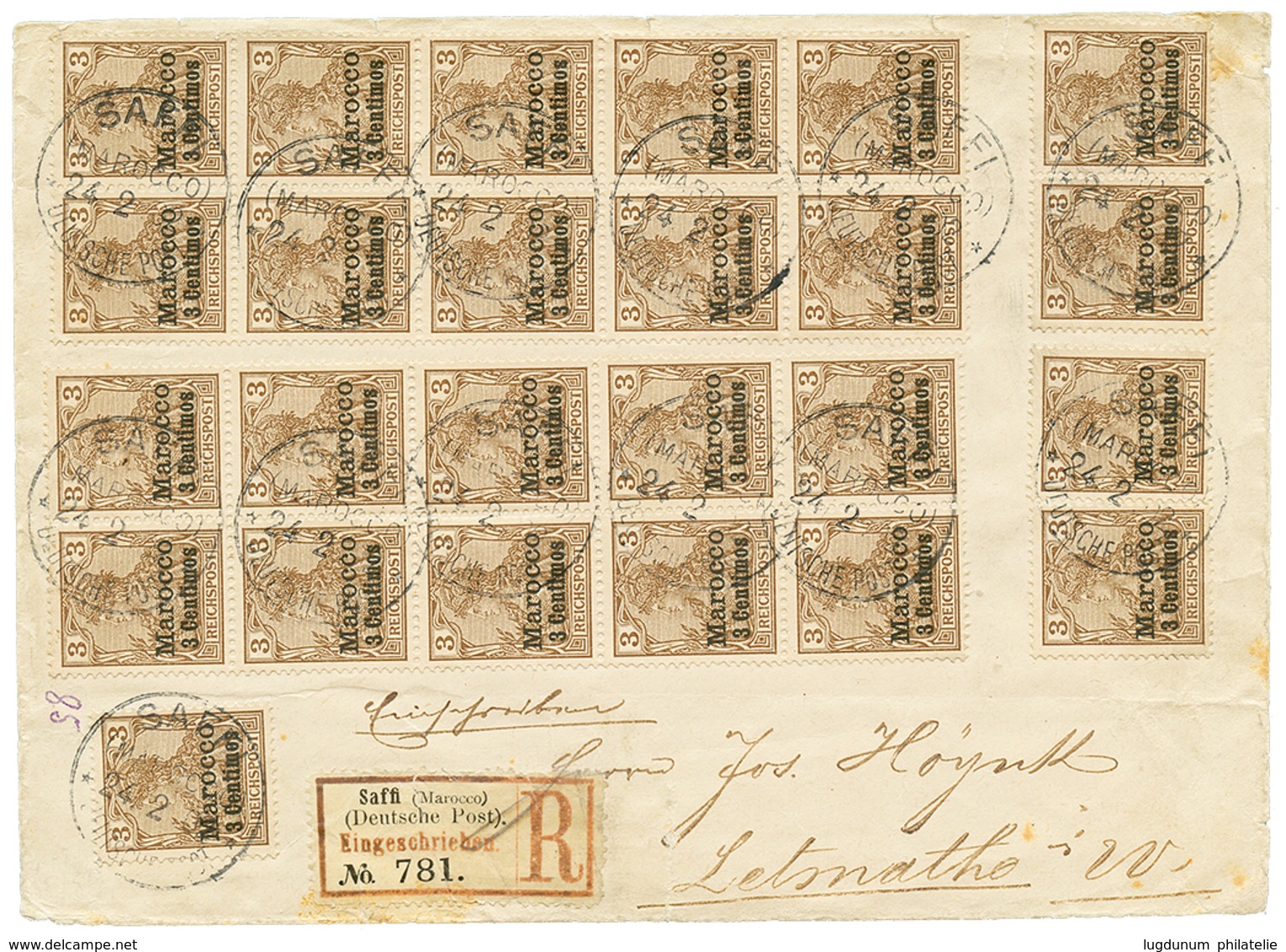 1114 1902 3pf(x25) Canc. SAFI On REGISTERED Envelope To GERMANY. Vf. - Morocco (offices)