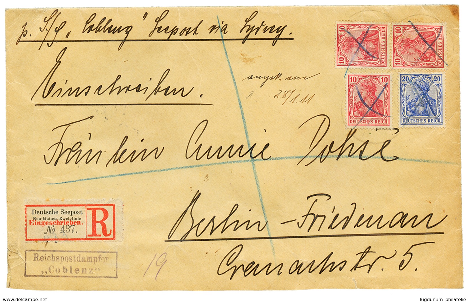 1118 1911 GERMANY 10pf(x3) + 20pf Pen Cancel On REGISTERED Envelope DEUTSCHE SEEPOST NEU-GUINEA ZWEIGLINIE + Boxed REICH - Deutsch-Neuguinea