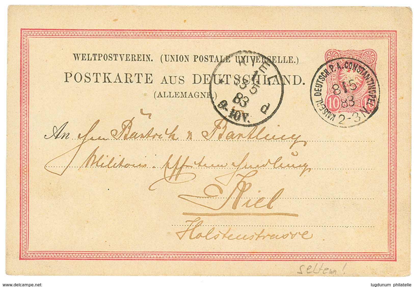 1132 TURKEY - VORLAUFER : 1883 GERMANY P./Stat 10pf Canc. KAISERL. DEUTSCH PA CONSTANTINOPEL To KIEL. Superb. - Turkey (offices)