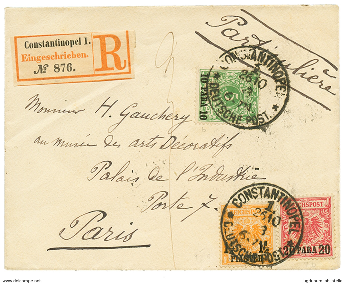 1134 1893 10p + 20p+ 1 1/4P Canc. CONSTANTINOPEL On REGISTERED Envelope To FRANCE. Signed JASCHKE. Vf. - Deutsche Post In Der Türkei
