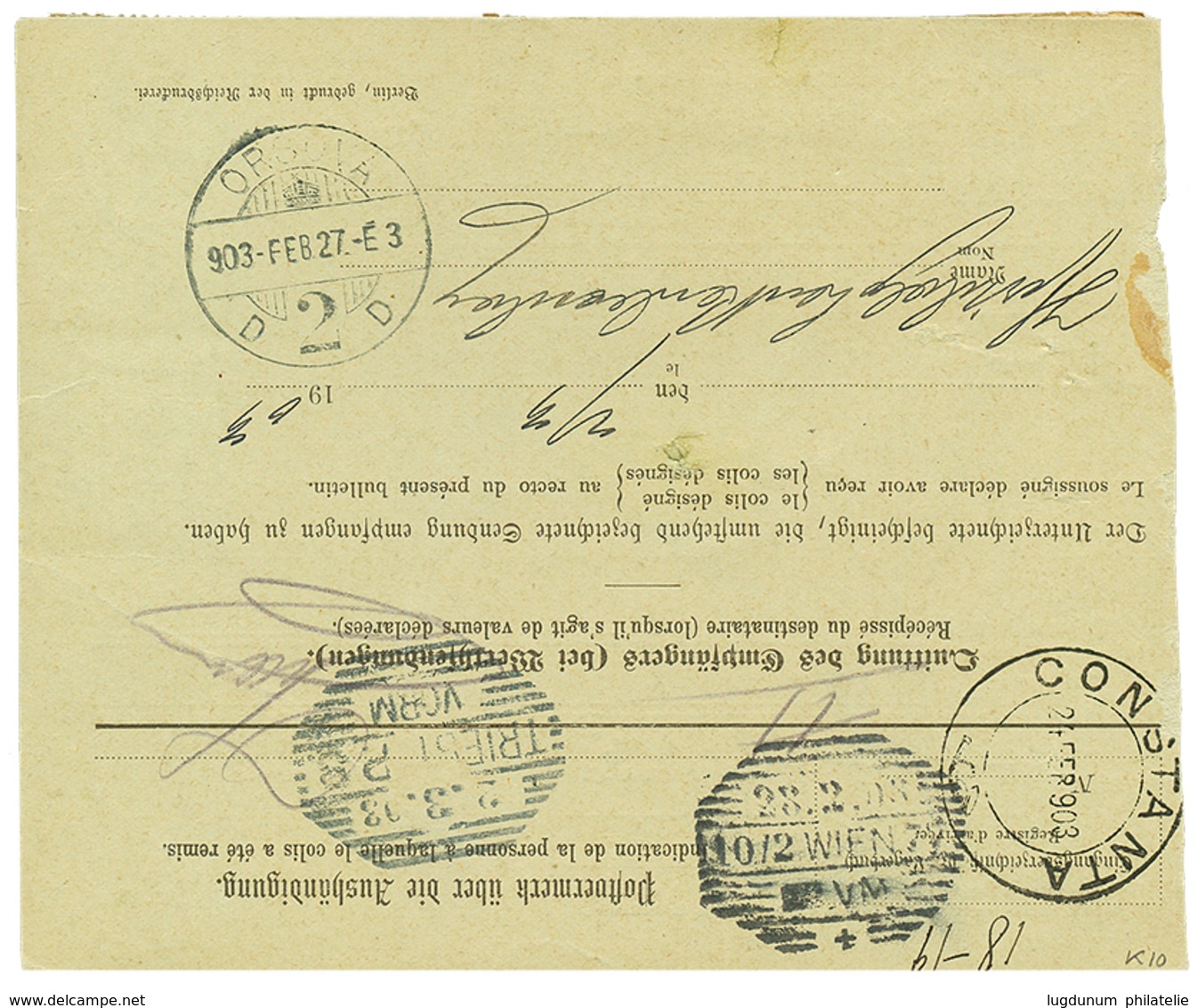 1136 1903 10 On 2 MARK + 4p On 80pf Canc. SMYRNA On BULLETIN D' EXPEDITION To TRIESTE(AUSTRIA). Verso, CONSTANTA. Vf. - Turkey (offices)