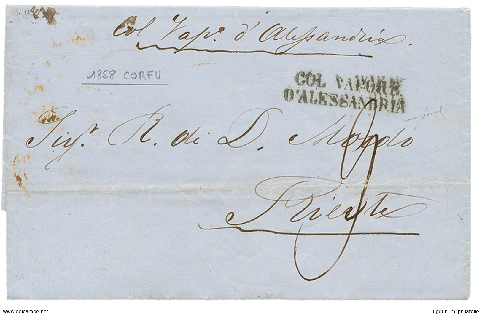 1137 CORFU Via ALEXANDRIA(EGYPT) : 1858 COL. VAPORE D' ALESSANDRIA + Tax Marking On Entire Letter Datelined "CORFU" To T - Autres & Non Classés