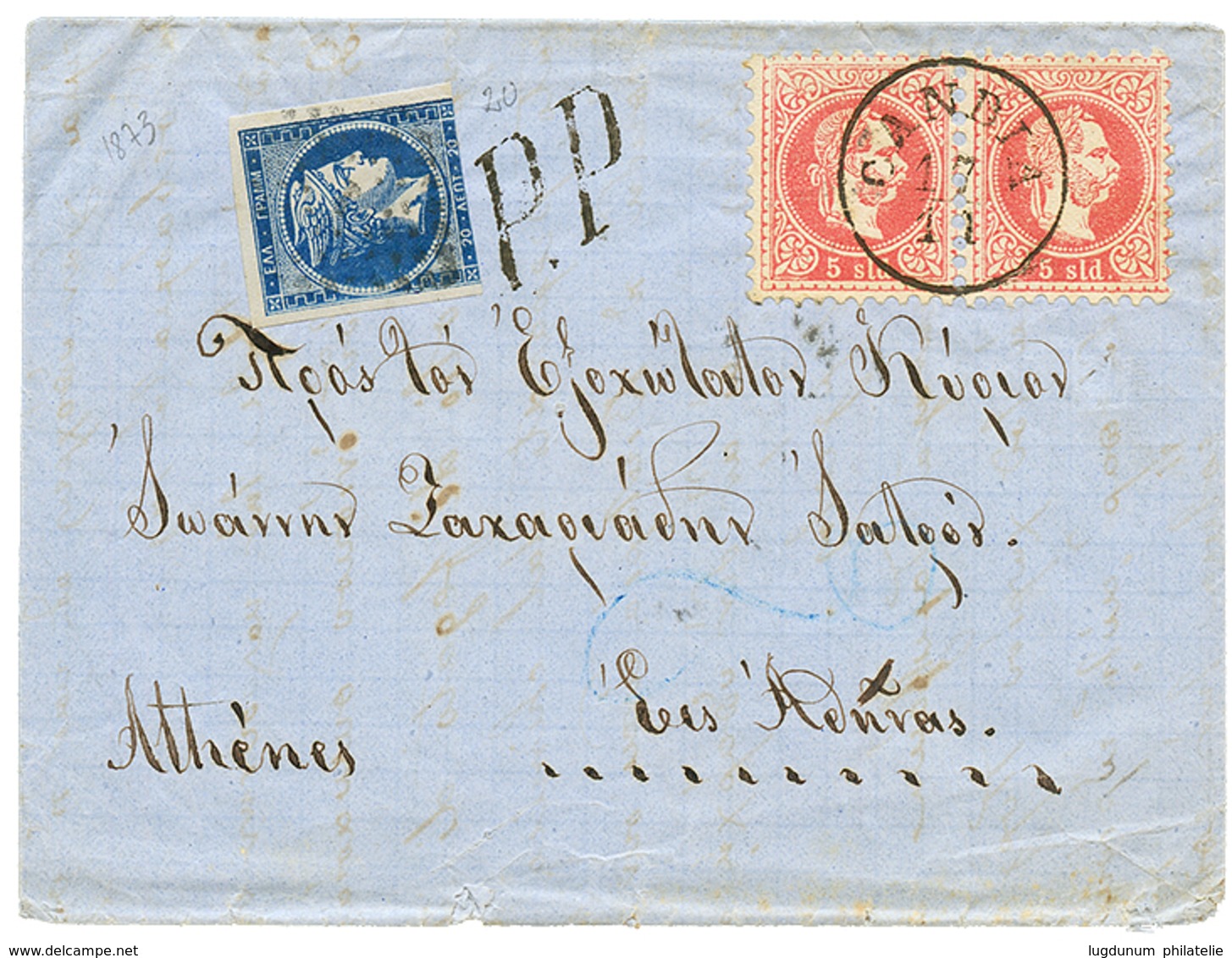 1140 1873 AUSTRIAN LEVANT 5s(x2) Canc. CANDIA + GRECE 20l On Entire Letter To ATHENS. Vvf. - Other & Unclassified