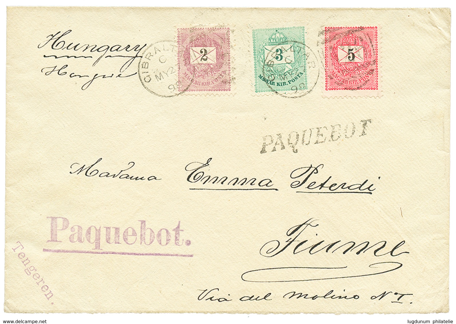 1146 1898 HUNGARY 2h + 3h+ 5h Canc. GIBRALTAR + PAQUEBOT On Cover To FIUME. Rare. Superb. - Autres & Non Classés