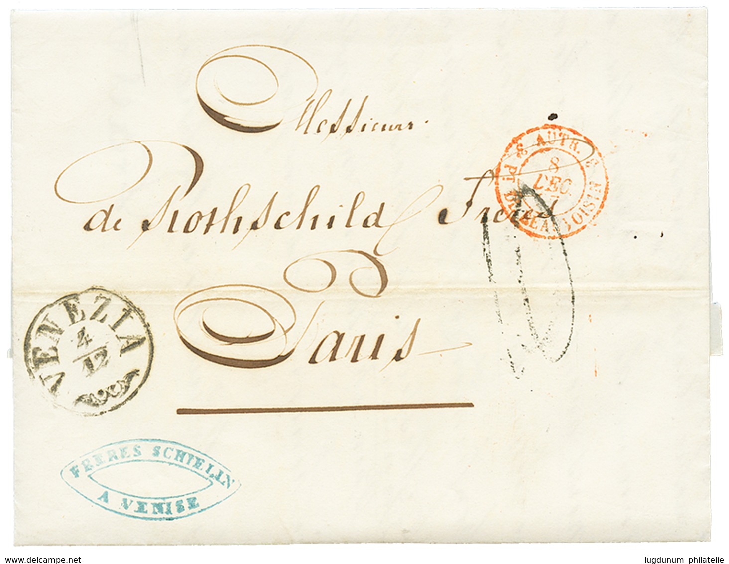 1149 1857 VENEZIA (special Type) + "10" Tax Marking On Entire Letter From VENISE To FRANCE. Vvf. - Unclassified