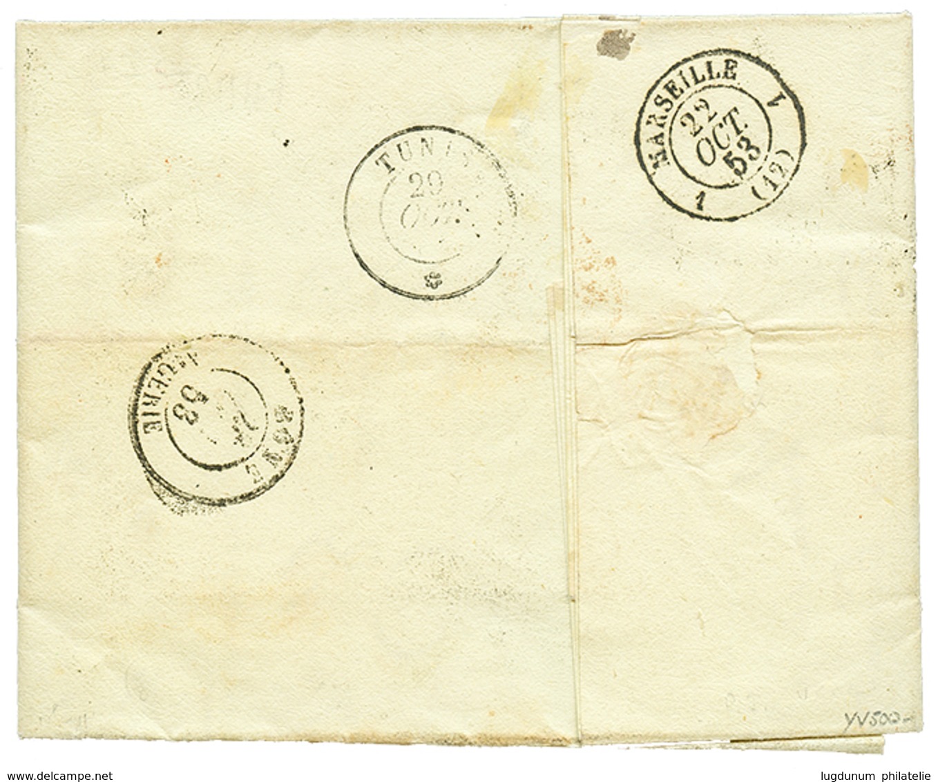 1152 PAPAL STATES To TUNISIA : 1853 6B + 8B(x4) Canc. ROMA On Entire Letter To TUNISIA. Verso, Cds TUNIS + BONE ALGERIE. - Non Classés